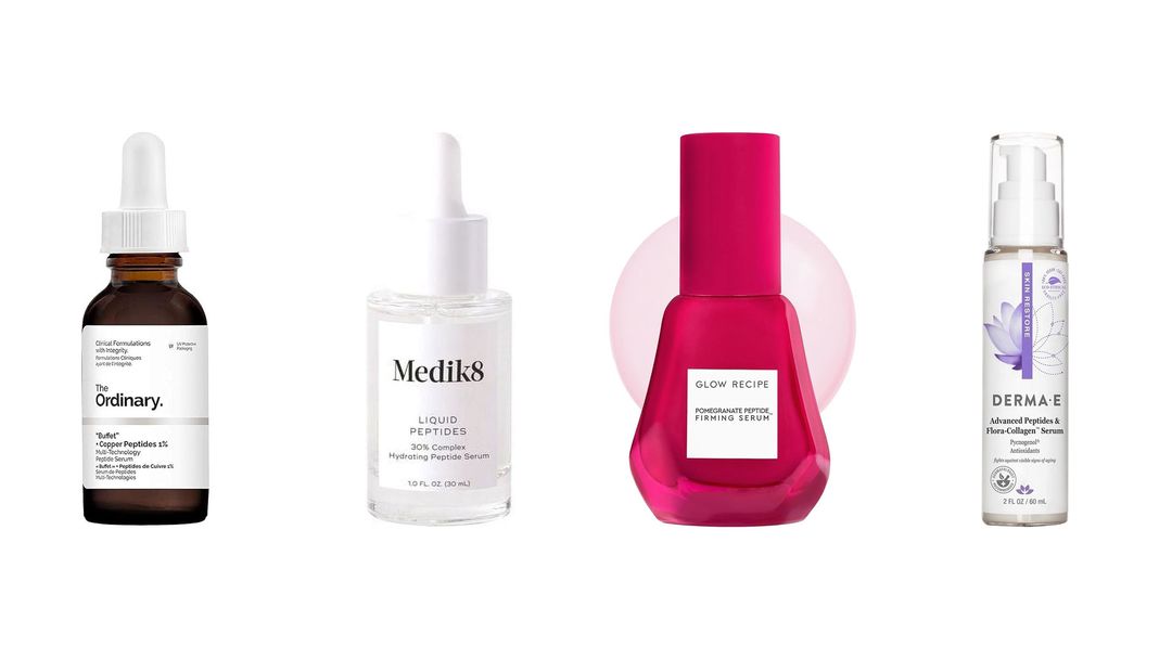 Peptides Four peptide serum bottles on white: two droppers, a pink glass bottle and a white pump bottle
