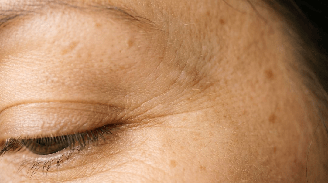 The temple and upper cheek on medium olive skin, with fine creases at the outer eye and several flat light-brown patches of uneven tone scattered across the cheekbone.