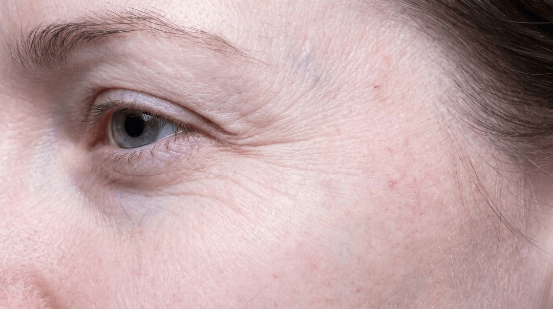 The outer eye and temple on fair skin, with deep creases fanning out from the corner of the eye at rest and slightly yellowed, thickened skin over the cheekbone.