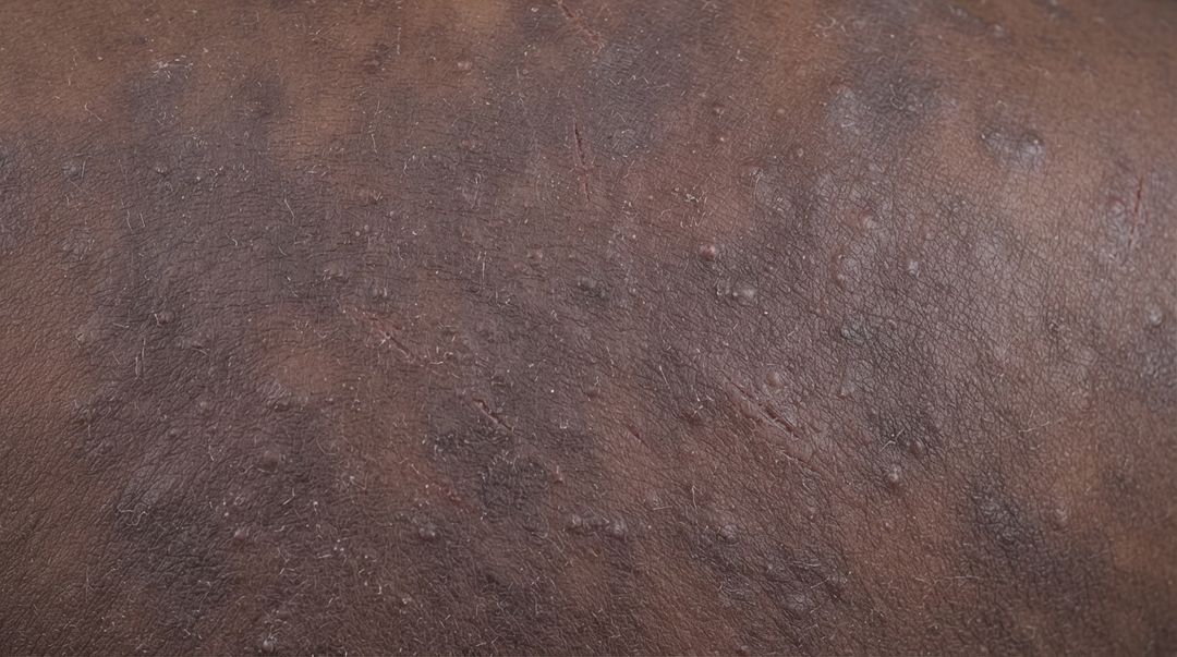 Extreme close-up of deep, dark brown skin in an active eczema flare, too close to tell which part of the body it is. Almost no redness is visible - the whole frame reads slightly darker and grayish, with raised bumps, dry scale and fresh scratch marks giving it away.