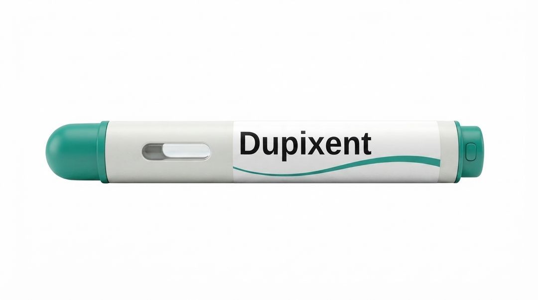 A white and green pre-filled injection pen labeled Dupixent lying on a plain background