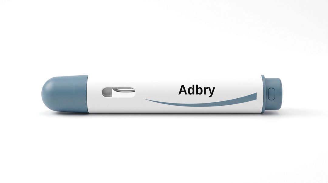 A white injector pen on a white background, with a plain white label reading Adbry and a blue swoosh beneath it.