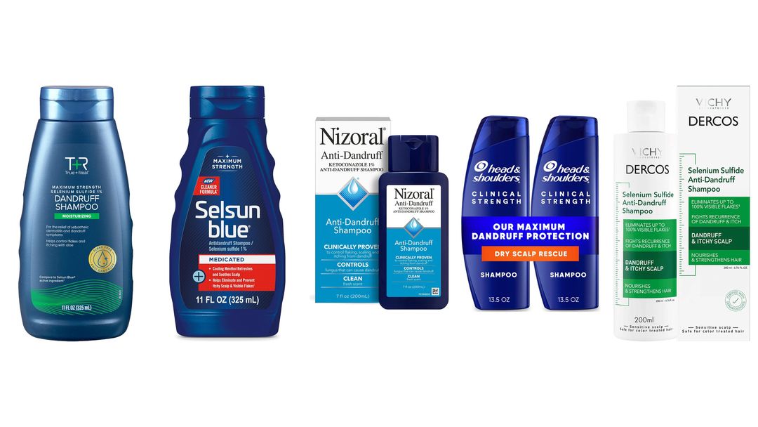 Selenium Sulfide Two Selsun Blue bottles, two Head and Shoulders Clinical Strength bottles and a Vichy Dercos bottle and box