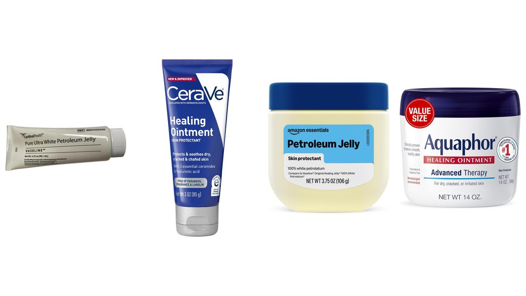 Four ointments on white: CeraVe Healing Ointment, a Vaseline jar, a petroleum jelly tube and Aquaphor