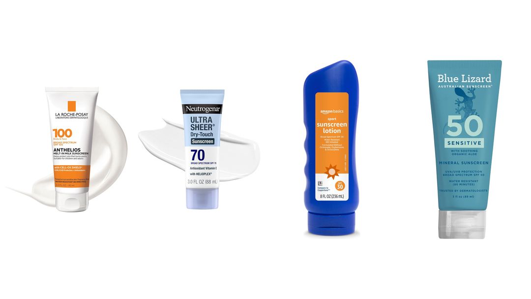 Three sunscreen lotion bottles on white, one blue Coppertone Sport 50 and two orange Banana Boat Sport SPF 50