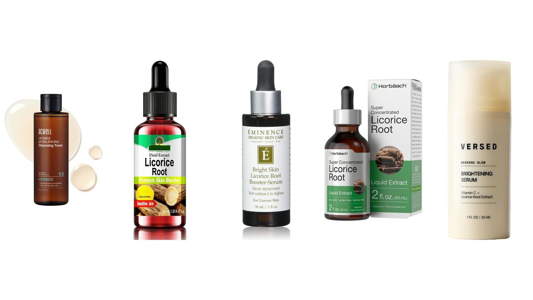 Five licorice root products on white, including two Acwell bottles, Éminence, Horbäach liquid extract and Versed