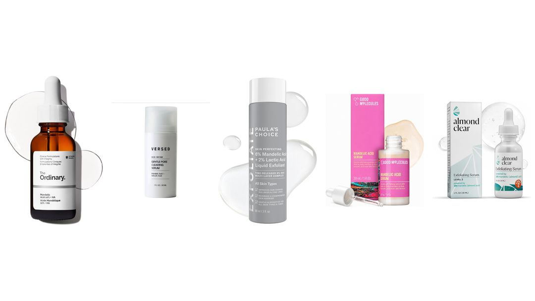 Five mandelic acid serums and their boxes lined up on white with clear gel swatches