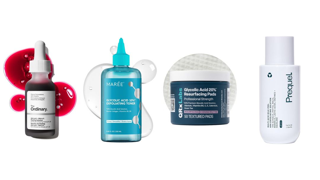 Four glycolic acid toner and liquid bottles lined up on white, one with its box