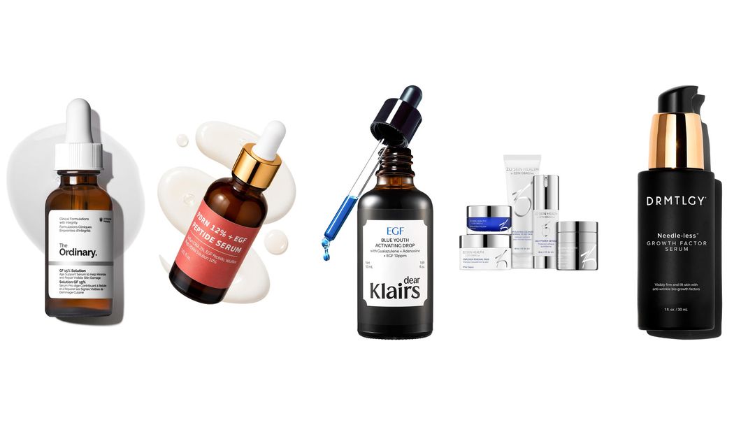 Five growth factor serums lined up on white, including MUMUK, DRMTLGY, PEPFACTOR, E.G.F. and Allies of Skin