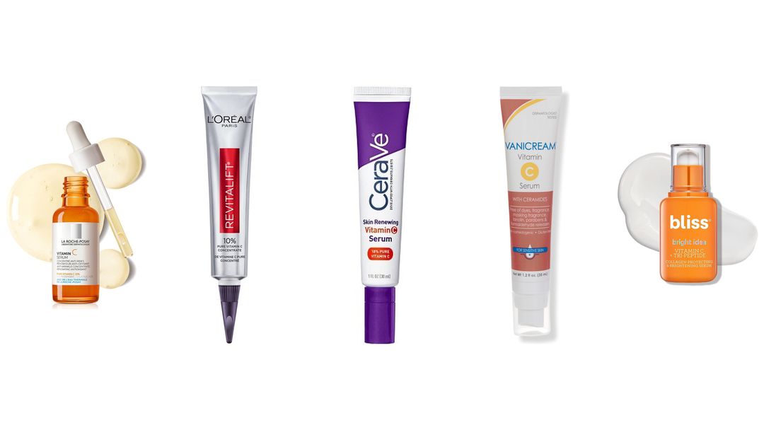 Six vitamin C products on white, including La Roche-Posay, L'Oréal Revitalift, CeraVe, Vanicream, bliss and Olay