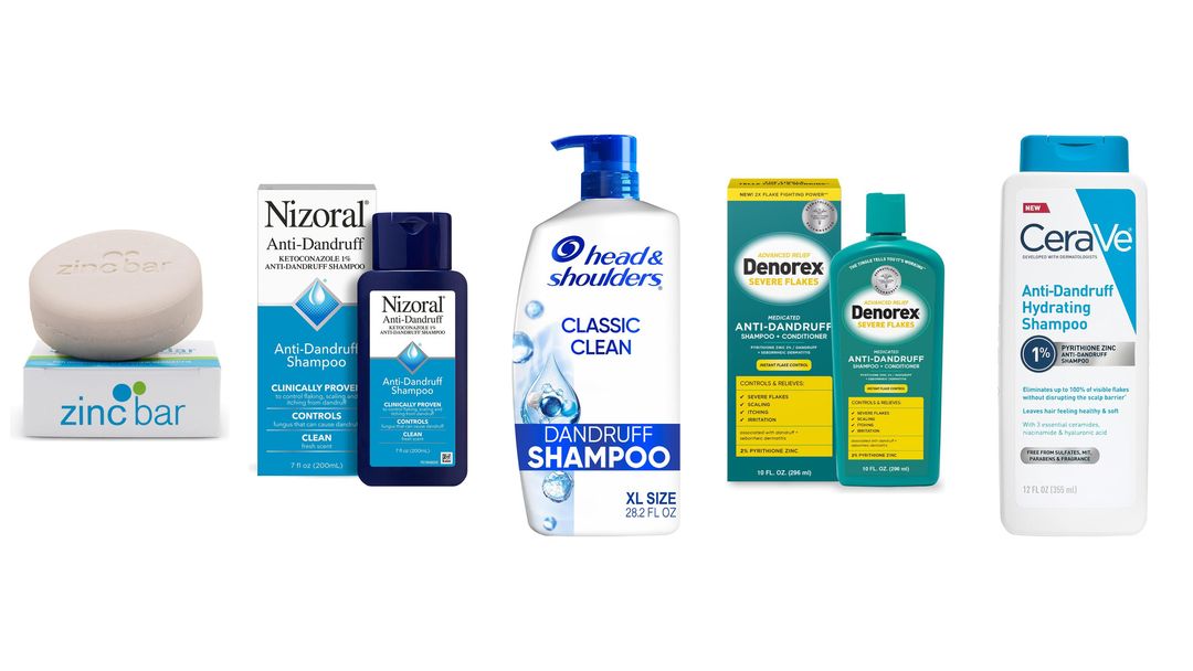 Four dandruff shampoo bottles: DHS Zinc, Head and Shoulders Classic Clean, CeraVe Anti-Dandruff and Head and Shoulders Bare