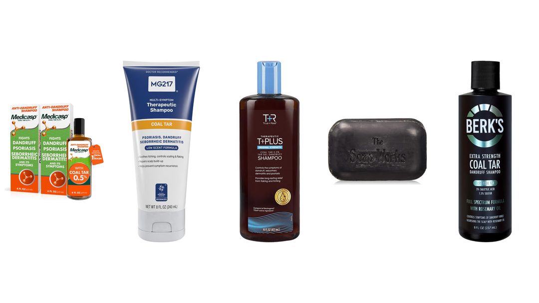 Five medicated scalp products on white, including Amazon Basics tar gel, T+Plus, MG217, RoyceDerm and Nizoral