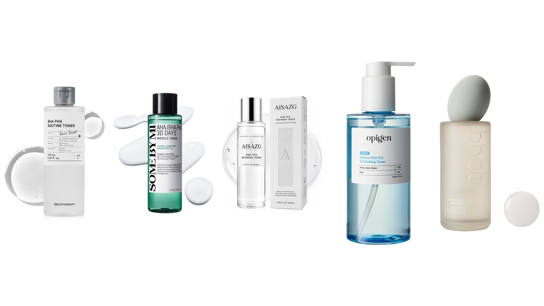 Polyhydroxy Acids (PHAs) Five PHA toner and serum bottles lined up on white with clear liquid swatches beside them