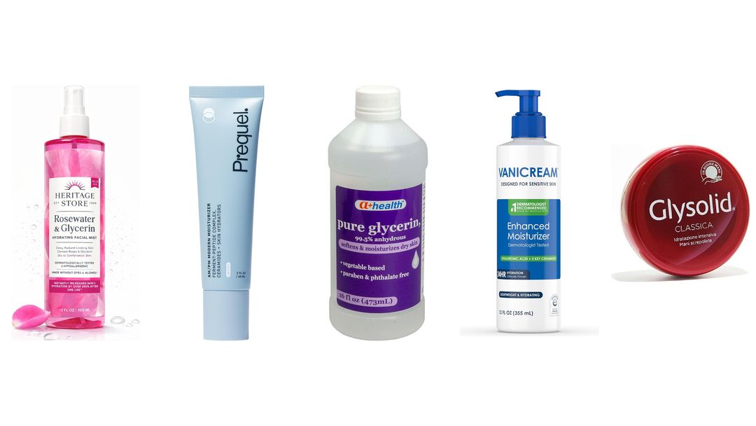 Five moisturizer bottles containing glycerin lined up on white, including a bottle of pure vegetable glycerin