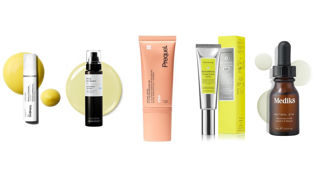 Four retinaldehyde products with two boxes on white, from Paula's Choice, Medik8, Naturium and Prequel
