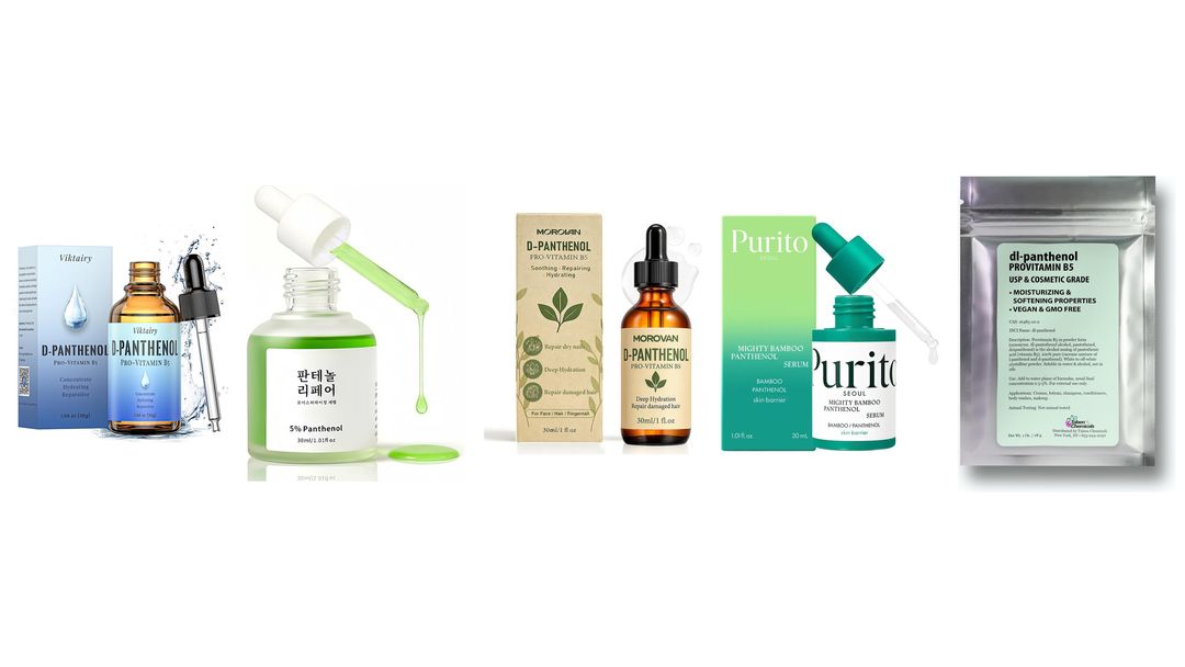 Five serum bottles on white, two labeled D-Panthenol and 5% Panthenol, plus pantothenic B5 and hyaluronic acid with B5 formulas
