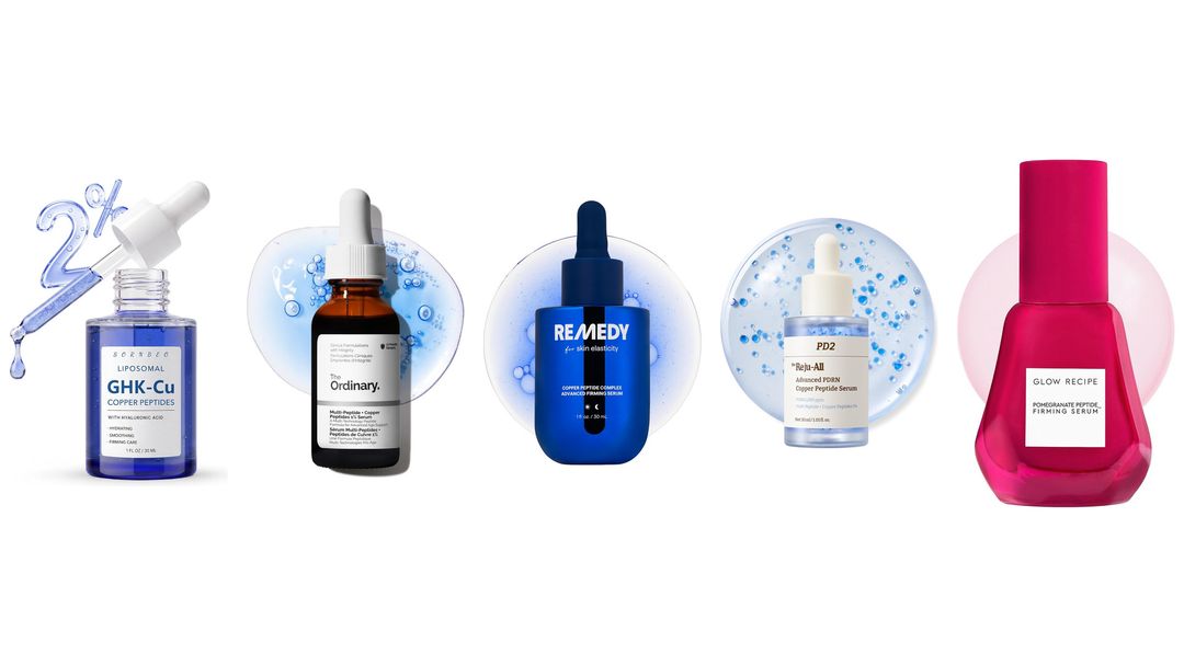 Five blue-toned peptide serum bottles on white, including PD2, COSRX, Seraphime GHK-Cu 2%, The Ordinary and Aifufand