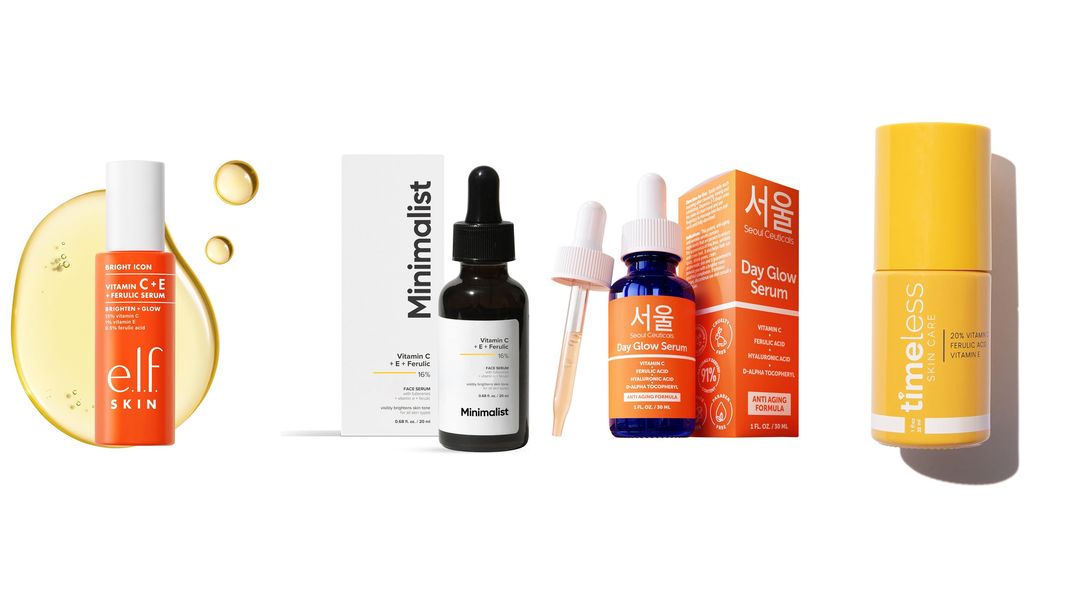 Four vitamin C and ferulic acid serums, two Timeless bottles, a Maelove dropper and Seoul Ceuticals with its box