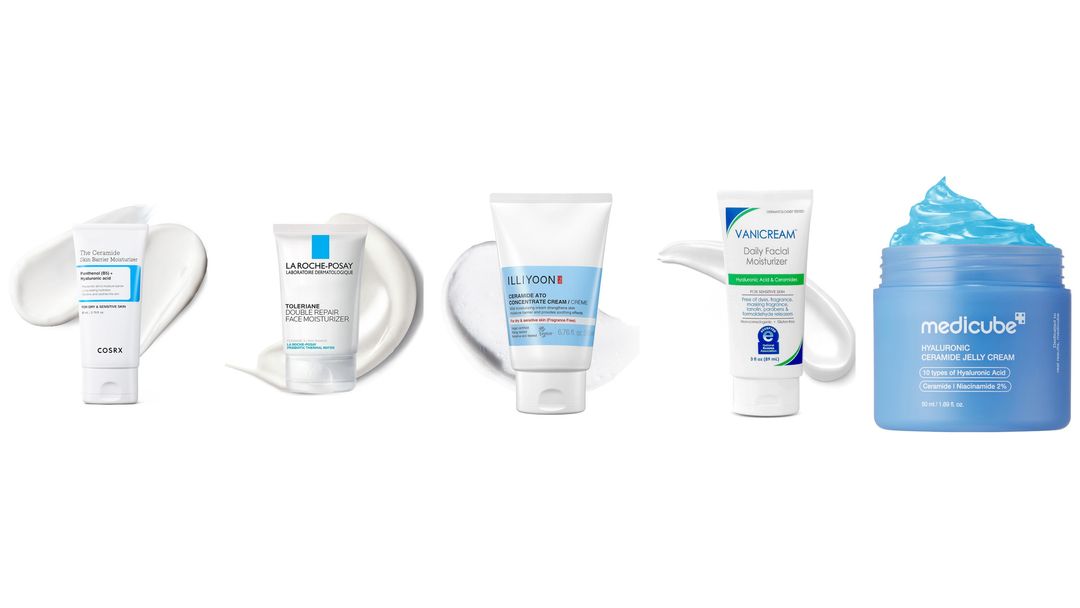 Four ceramide moisturizers lined up on white: two tubes, a CeraVe tub and a blue jar