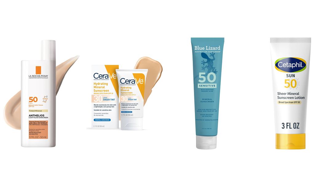 Five mineral sunscreens on white, including CeraVe, Malin+Goetz, Blue Lizard SPF 50 and La Roche-Posay Anthelios