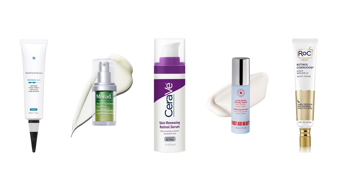 Six retinol products lined up, including SkinCeuticals Retinol 0.5, Murad, CeraVe, First Aid Beauty, RoC and Replenix