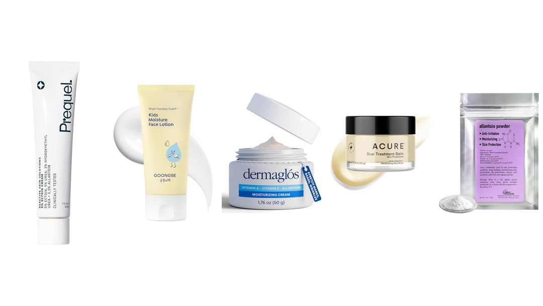 Five allantoin products on white: a tube, a lotion, two cream jars and a bag of white allantoin powder