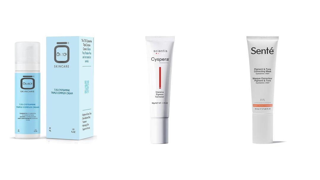 Cysteamine Four cysteamine products: a Senté tube, an Omic+ cream and box, a 5% cysteamine serum dropper and a Cyspera bottle