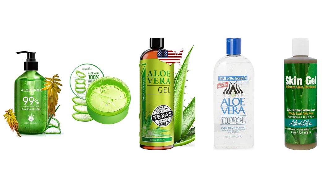 Aloe Vera Five aloe vera gel products lined up on white: squeeze bottles, a pump bottle and a jar