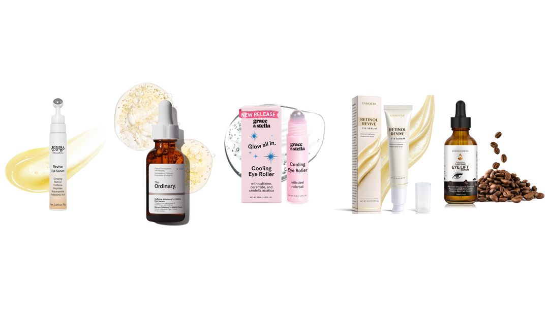 Caffeine Five caffeine eye products lined up on white: tubes, a pump bottle, a jar and a balm stick