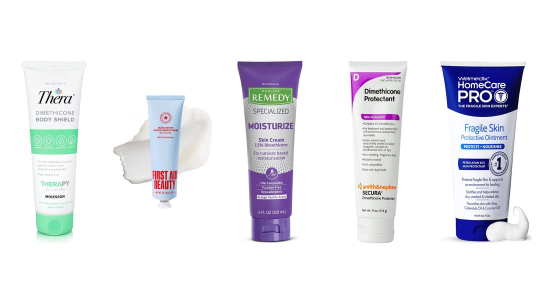 Dimethicone Three cream tubes on white: Nurture Valley Barrier Cream, Secura Dimethicone Protectant and Medline Remedy Moisturize