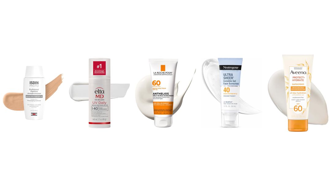 Avobenzone Four La Roche-Posay Anthelios sunscreens on white, SPF 60 and SPF 50, with cream swatches