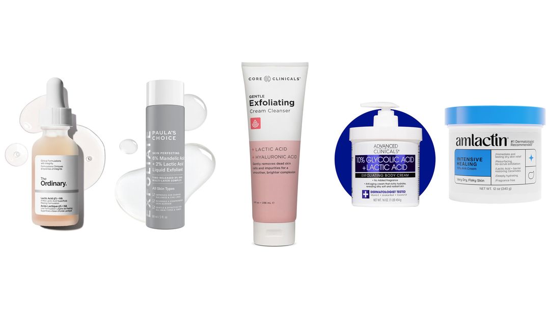 Five lactic acid serums lined up on white, from The Ordinary, Glytone, Paula's Choice and Prequel