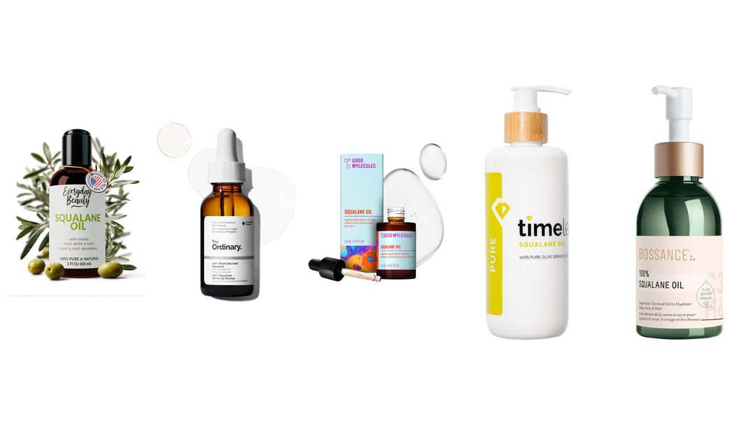 Squalane Five squalane oils with two boxes on white, from Timeless, Good Molecules, Natural Outcome, Pure'am and The Ordinary