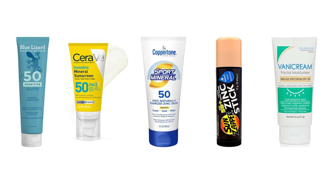 Four mineral sunscreens on white: Native SPF 30, Thinksport SPF 50, Colorescience Flex and EltaMD UV Clear