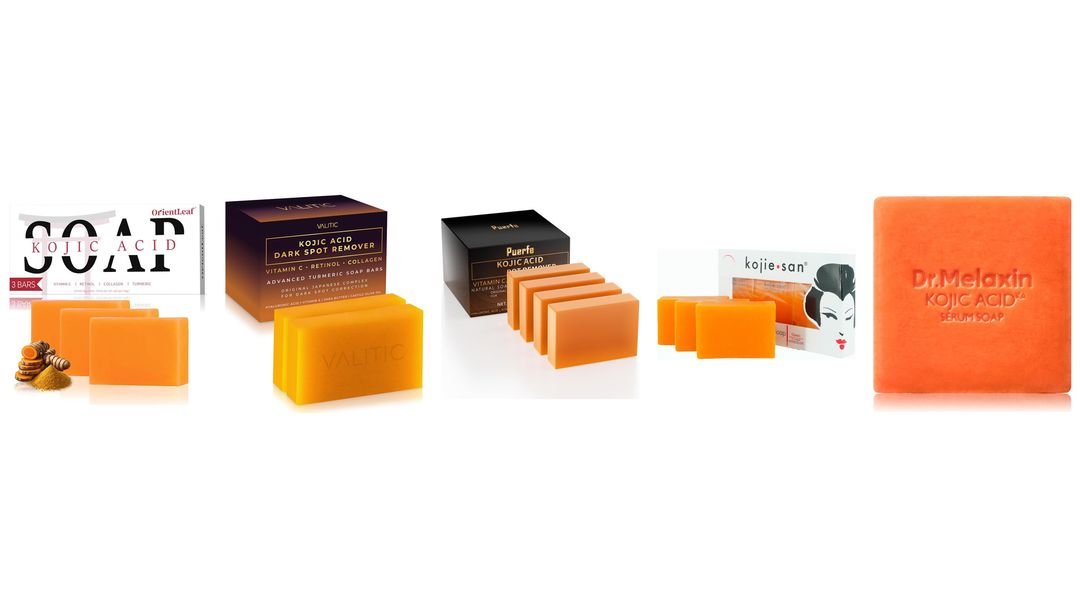 Kojic Acid Five kojic acid products on white, including a turmeric serum, Medicube capsule cream, Admire My Skin and Seoul Ceuticals