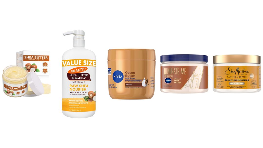 Five tubs of body cream on white, including Karité shea butter, CeraVe, Nivea, Vaseline Radiant and Palmer's