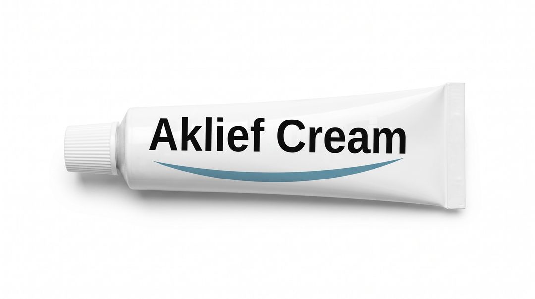 A white cream tube lying on its side on a white background, with a plain white label reading Aklief Cream and a blue swoosh beneath it.