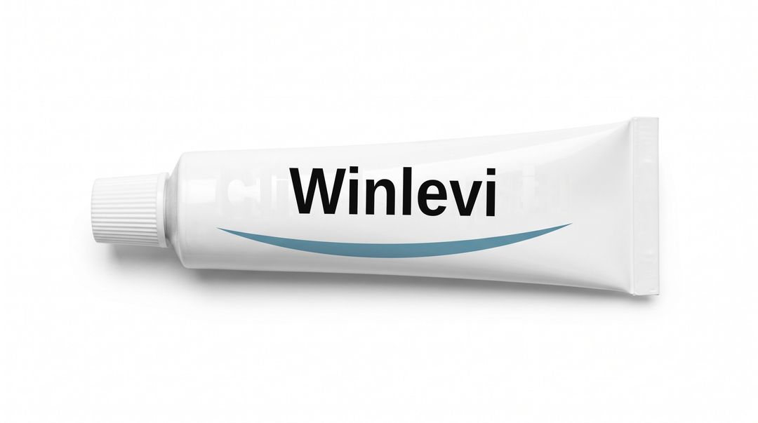 A white metal tube lying at an angle on a white background, white ribbed cap to the left, labeled Clascoterone in blue lettering with a blue swoosh curving beneath the word.