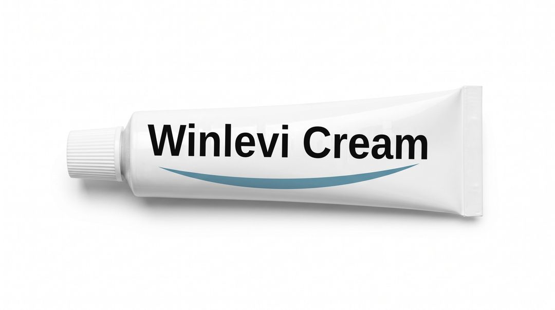A white cream tube lying on its side on a white background, with a plain white label reading Winlevi Cream and a blue swoosh beneath it.