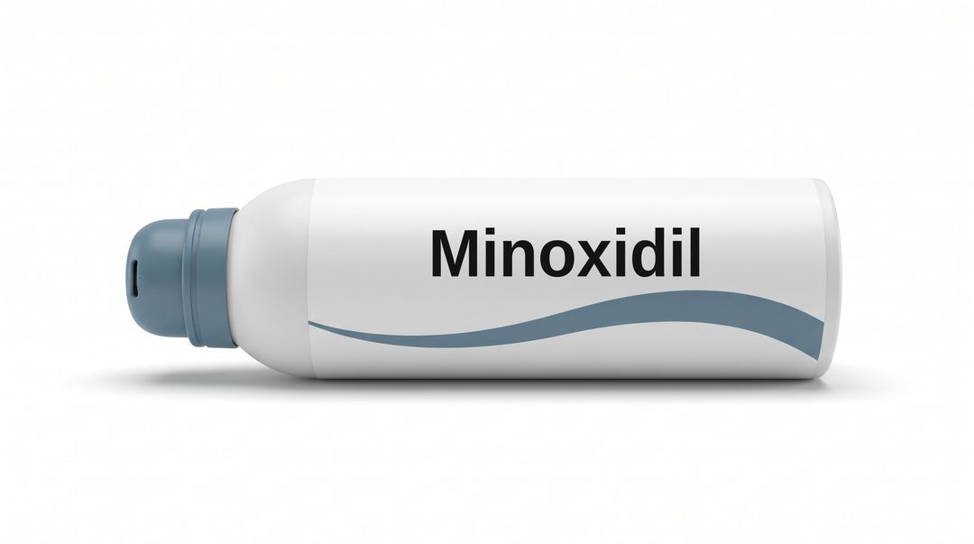 Topical Minoxidil A plain white bottle with a gray applicator tip lying on its side, labeled Minoxidil