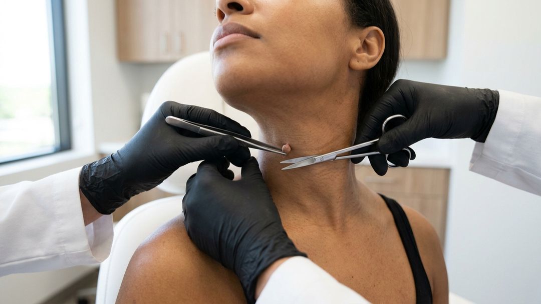 Skin Tag Removal — Page hero A gloved clinician removing a skin tag from a patient's neck with fine scissors and forceps
