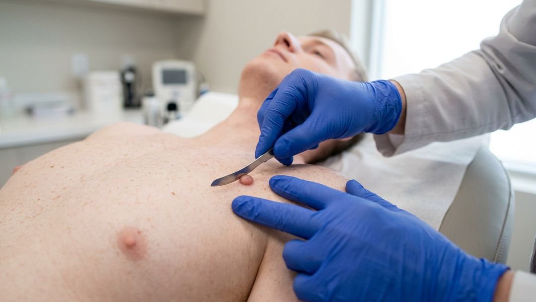 Mole Removal — Page hero A gloved clinician shaving a mole from a patient's face with a small blade