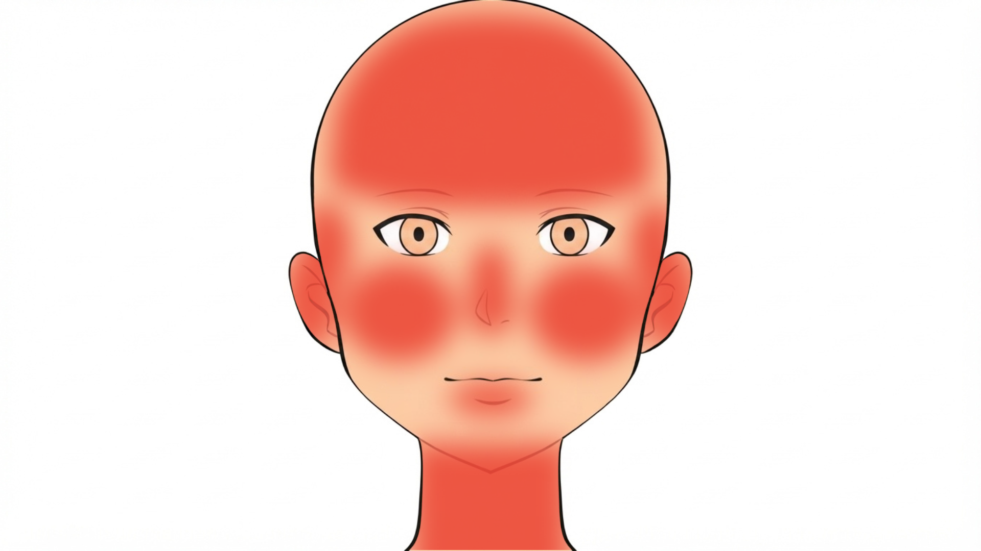 Front view of a head and neck with red marks across the top of the scalp, across the forehead, at both temples, on both cheeks, on both ears, on the nose, on the lower lip and on the front of the neck.