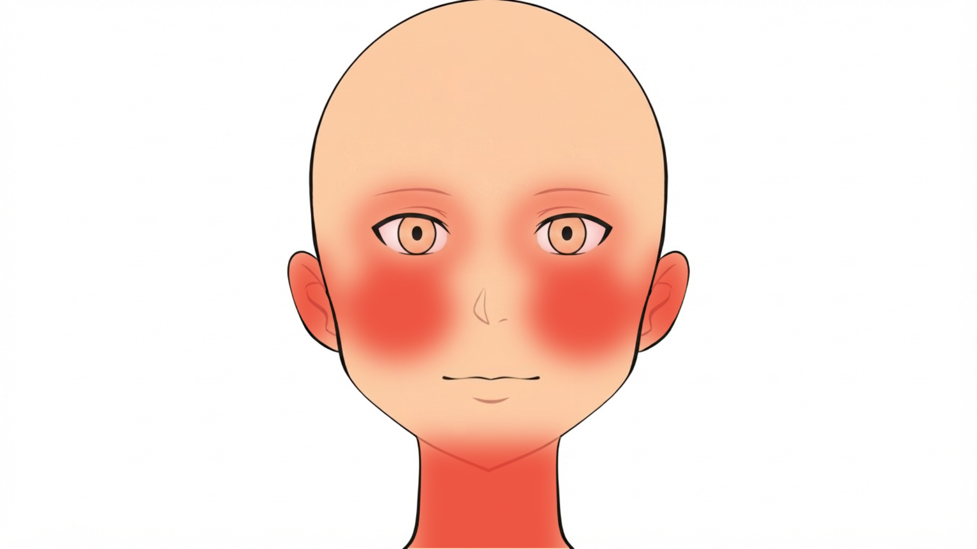 Front view of a head with red marks around both eyes, under both eyes, on both cheeks, on both ears and down the front of the neck.