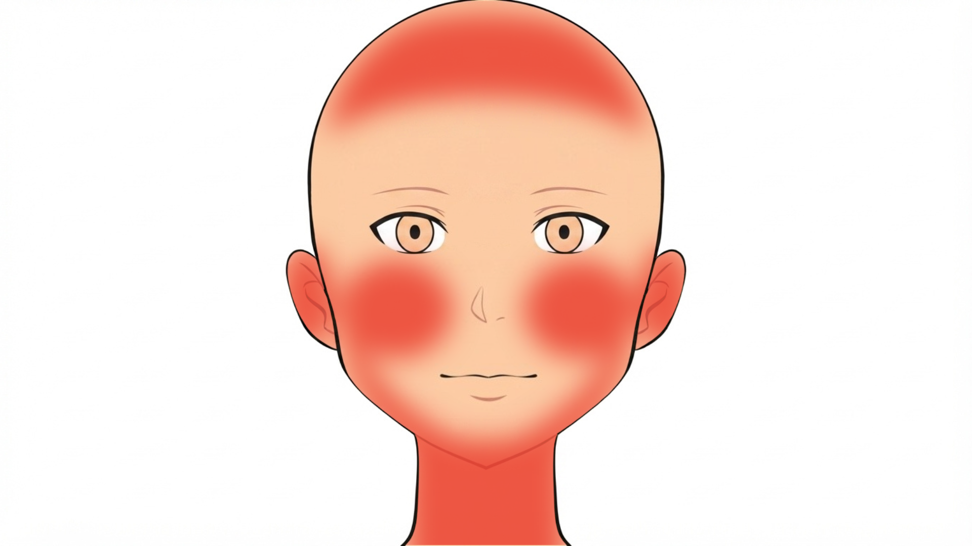 Front view of a head with red marks on both cheeks, along both sides of the jaw, on both ears, on the neck and on the top of the scalp.