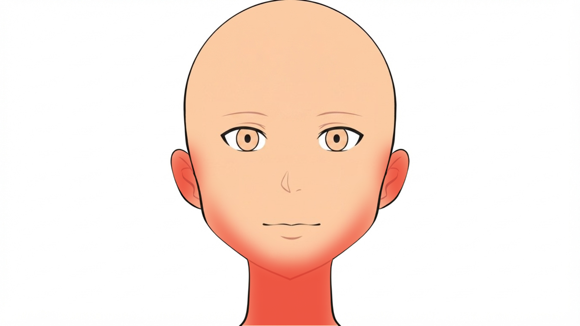 Front view of a head with red marks on both earlobes, along both sides of the jaw and on the neck.