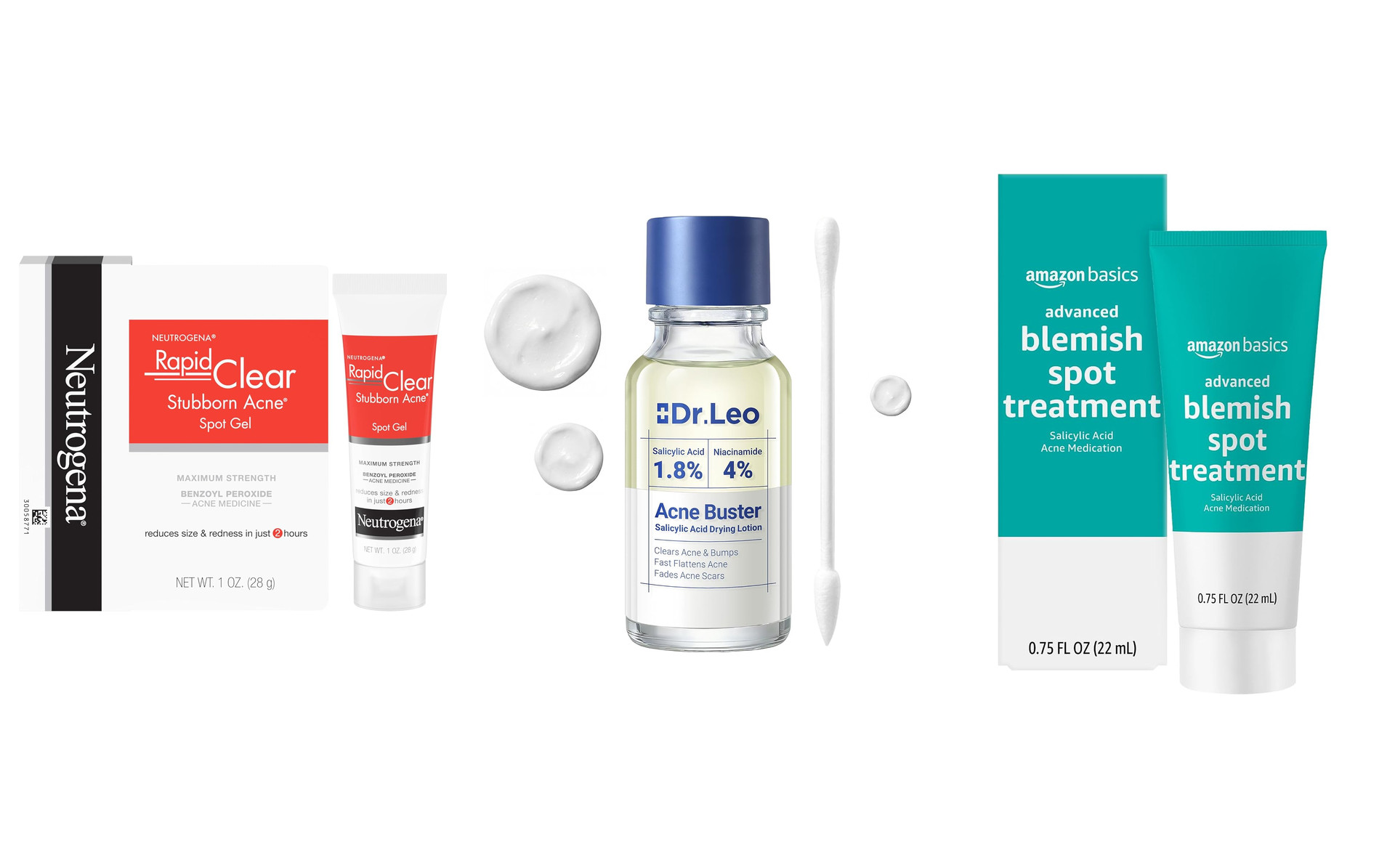 A row of Salicylic Acid products sold as spot treatment, photographed on white.
