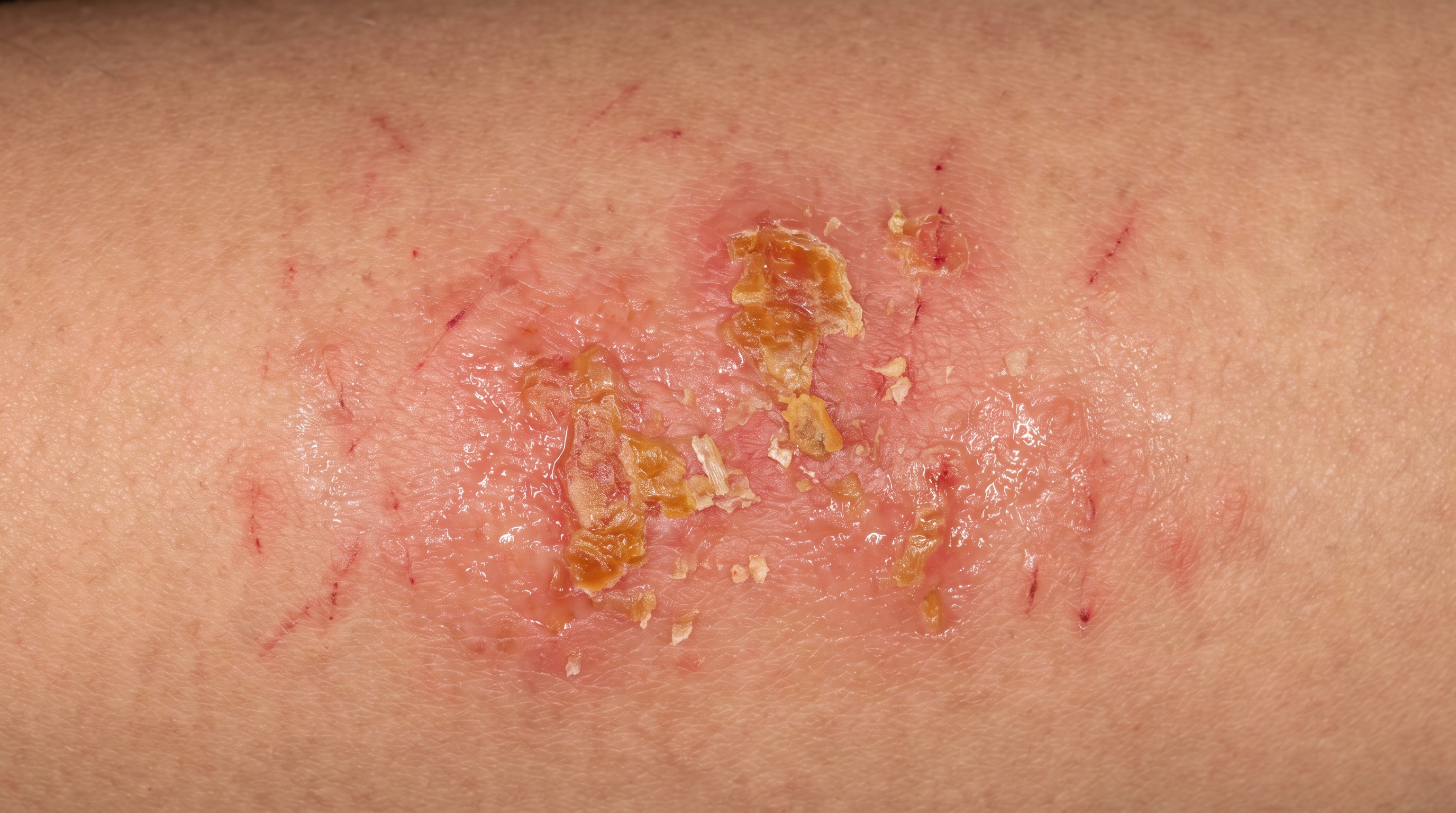 Impetigo on top of eczema on a child's arm, with weeping skin and thick golden-yellow crusts over the surface of an eczema patch.