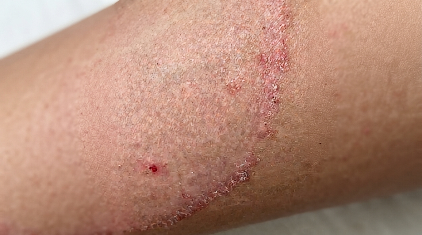 A ring-shaped patch of ringworm on the forearm with a raised scaly border and a clearer center, the classic sign that separates it from eczema.