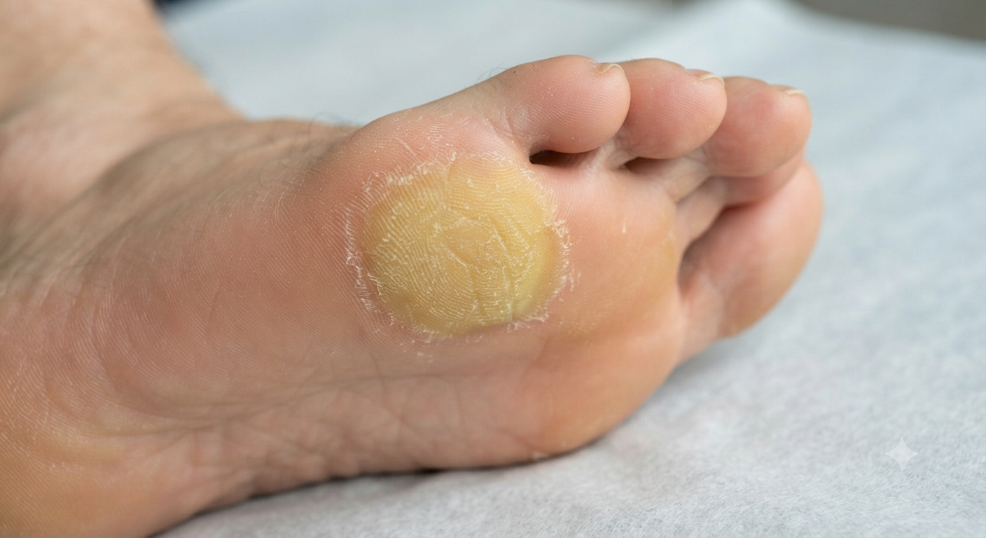 The sole of a foot showing a wide oval patch of thick yellow skin below the toes, with no central core and edges blending into normal skin.